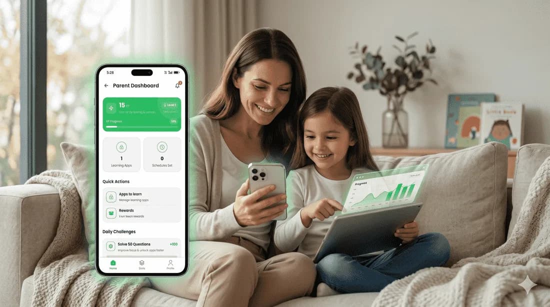 Mother and daughter sharing a smile while viewing parent analytics on mobile